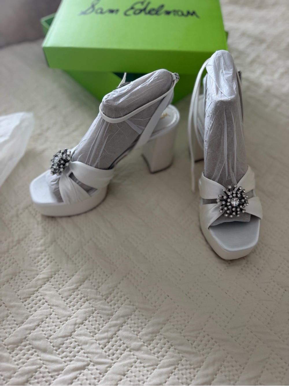 Sam Edelman White Satin Platform Heels with Crystal Brooch
